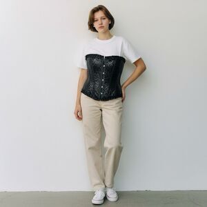 Top Drawer Daisy Corsets Sequin Black Satin Steel Boned Overbust Corset 3XL NWT